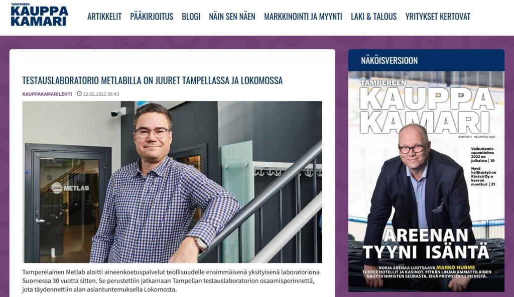 Tampereen Kauppakamari -lehden nro 1 2022 etusivulla uutinen Metlab Oy:stä